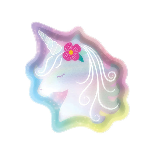 Platos de papel con forma de lámina iridiscente de unicornio, paquete de 8