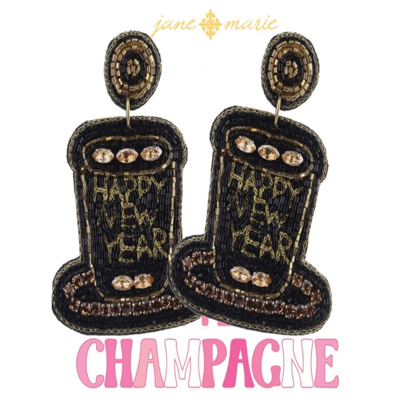 Pendientes de sombrero "FELIZ AÑO NUEVO" con cuentas negras y doradas