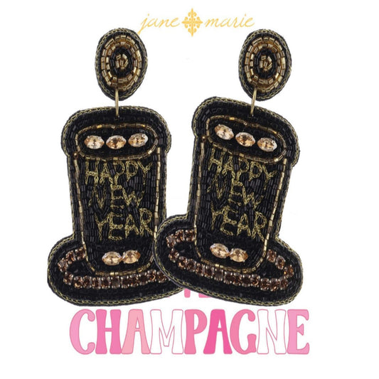 Black and Gold Beaded "HAPPY NEW YEAR" Hat Earrings