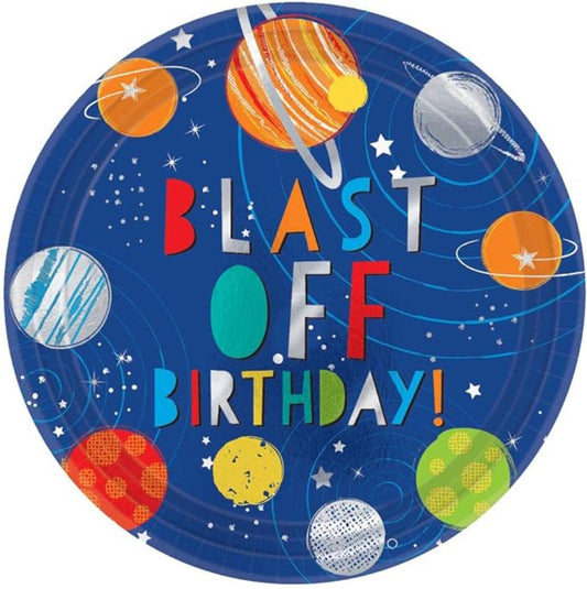Blast Off Birthday Round Disposable Paper Plates