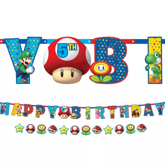 BANNER DE CUMPLEAÑOS DE SUPER MARIO (2 PIEZAS)
