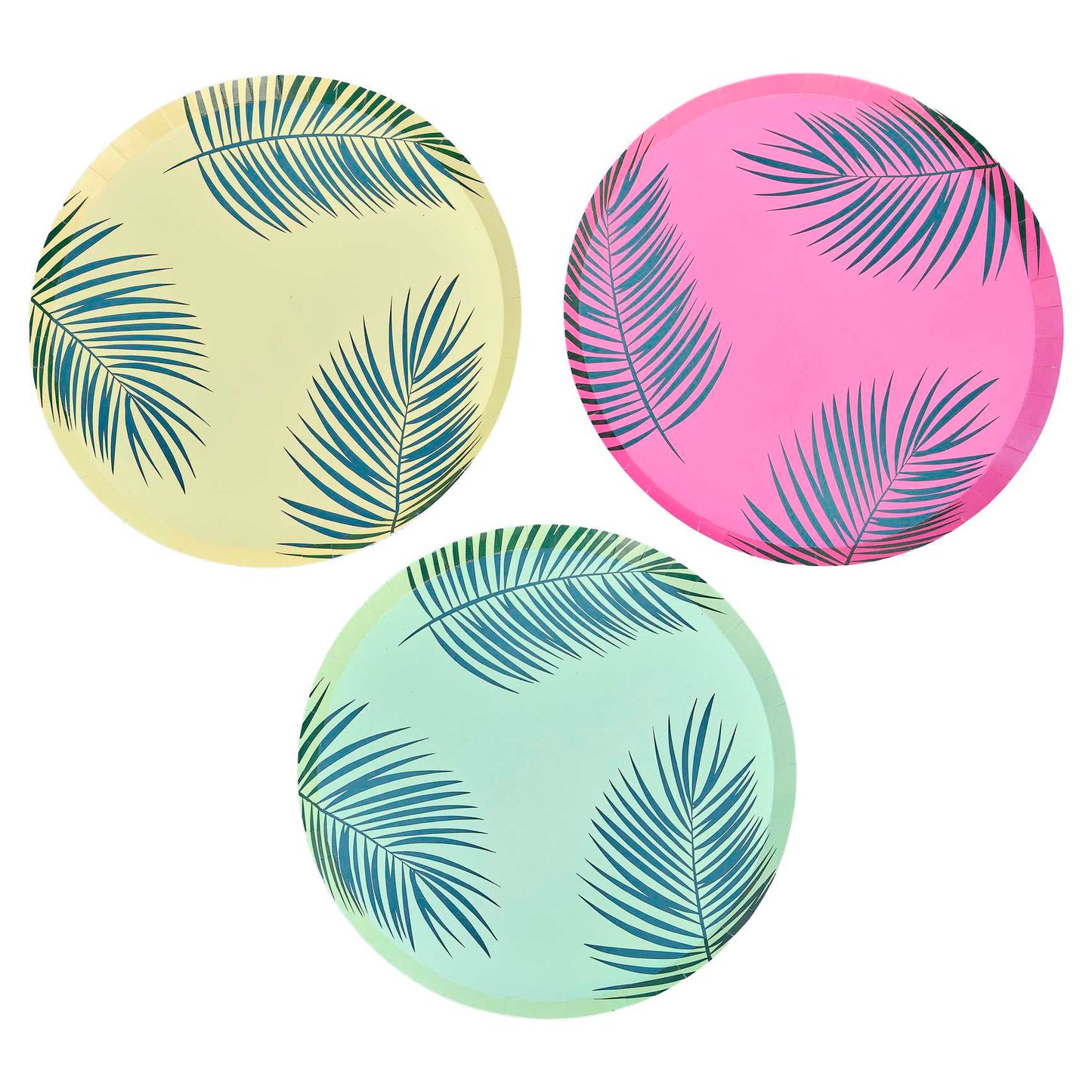 Platos de papel con estampado de hojas de palma tiki hawaiana