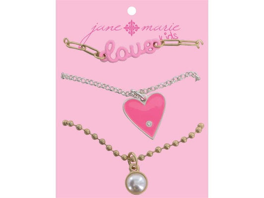 Pink "love" Bar, Pink Enamel Heart with Crystal, Pearl Dangle Necklace