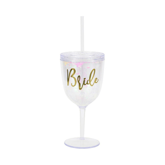 Plastic Glitter Bride Cup With Straw & Lid