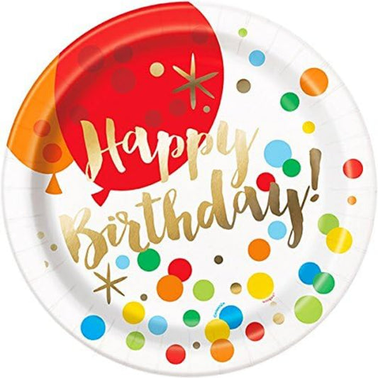 Glitzy Gold Birthday Round 9" Dinner Plates 8ct - Foil Stamping