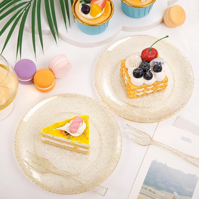 Gold Glitter Plastic Round 7" Dessert Plates 8ct