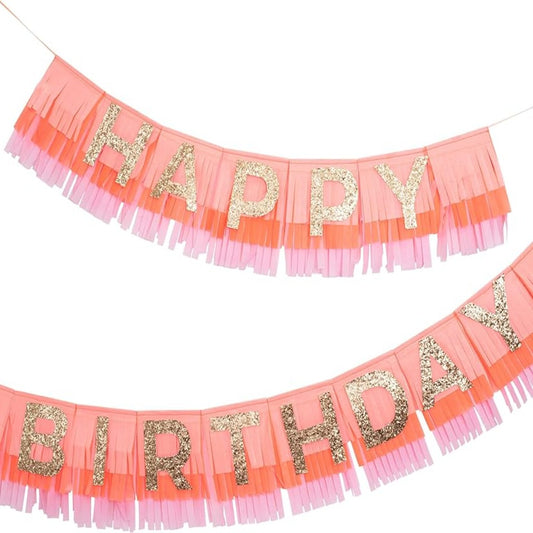 Guirnalda de flecos rosa feliz cumpleaños