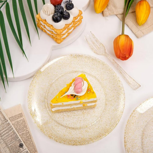 Gold Glitter Plastic Round 7" Dessert Plates 8ct