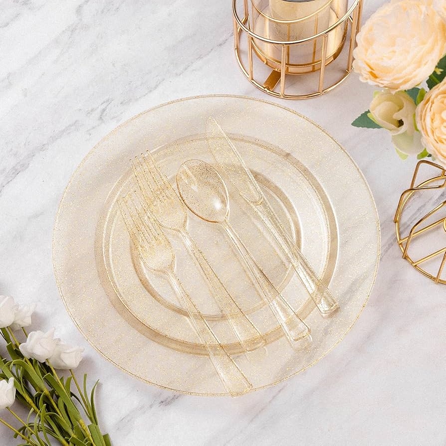 Gold Glitter Plastic Round 10" Dinner Plates 8ct