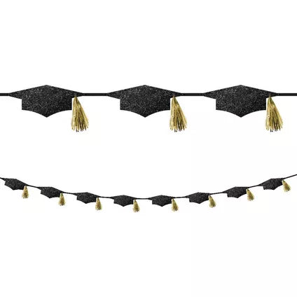 Grad Cap Tassel Banner, Black/Gold, 2/Pack