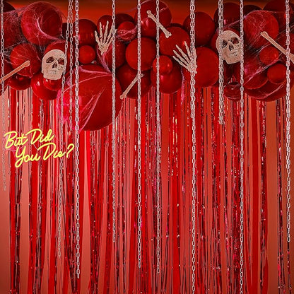 Red Halloween Balloon Arch with Streamers, Card Bones & Skulls