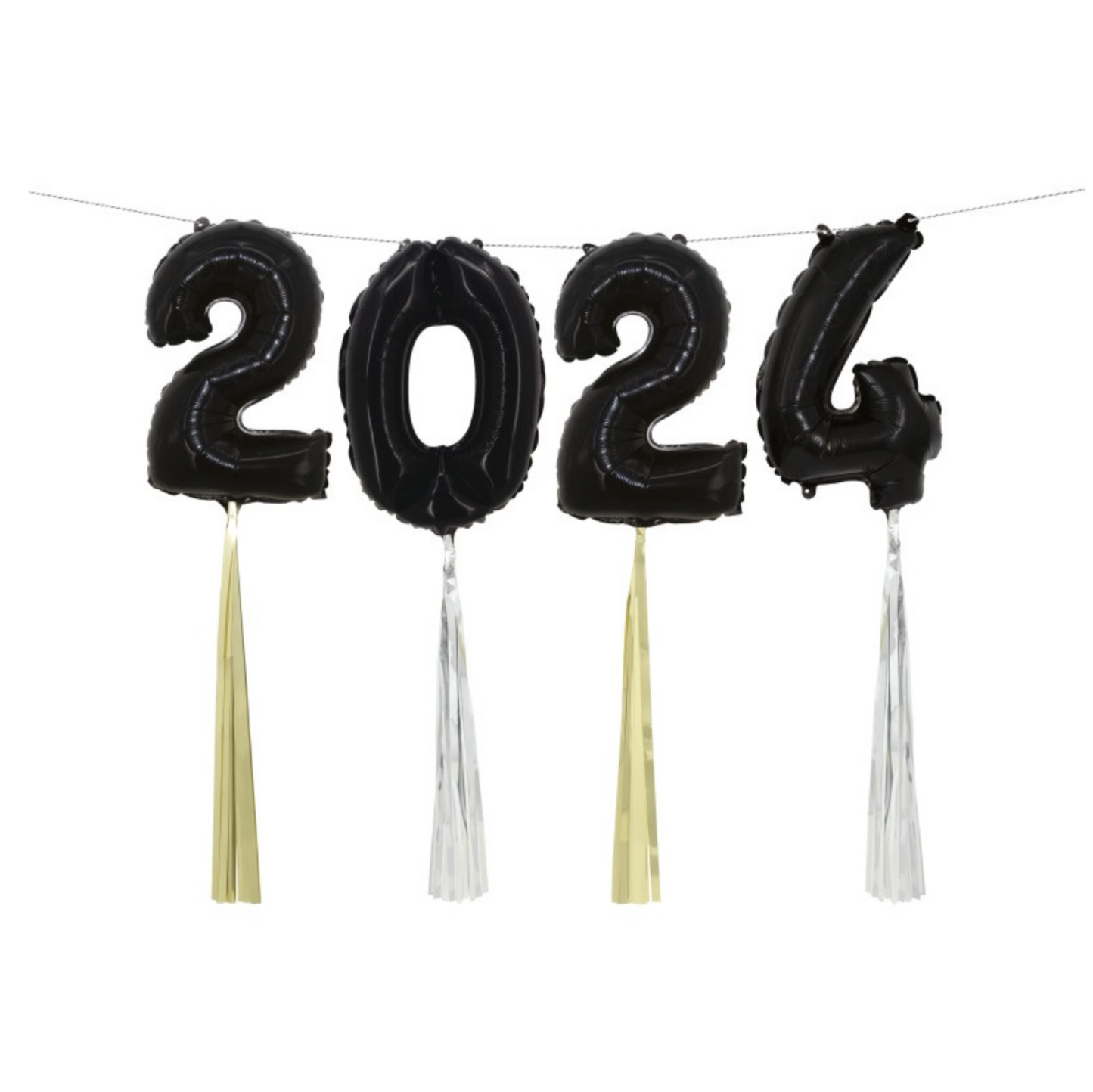 Black 2024 14" Foil Balloon Banner Kit with Gold & Silver Foil Tassel Tails