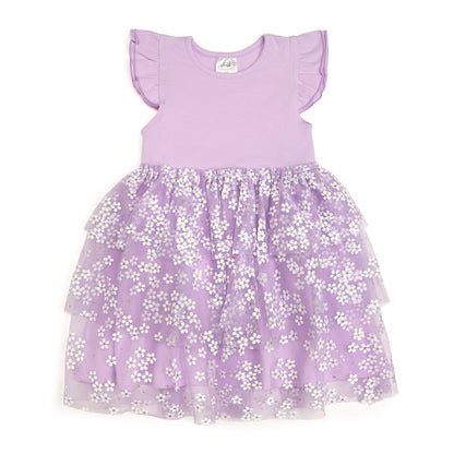 Lavender Ditsy Daisy Easter Tiered Short Sleeve Tutu Dress