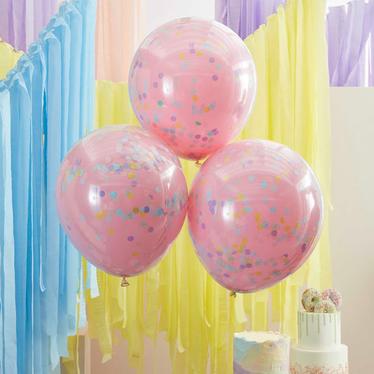 Globos de confeti arcoíris de doble capa en color rosa y pastel