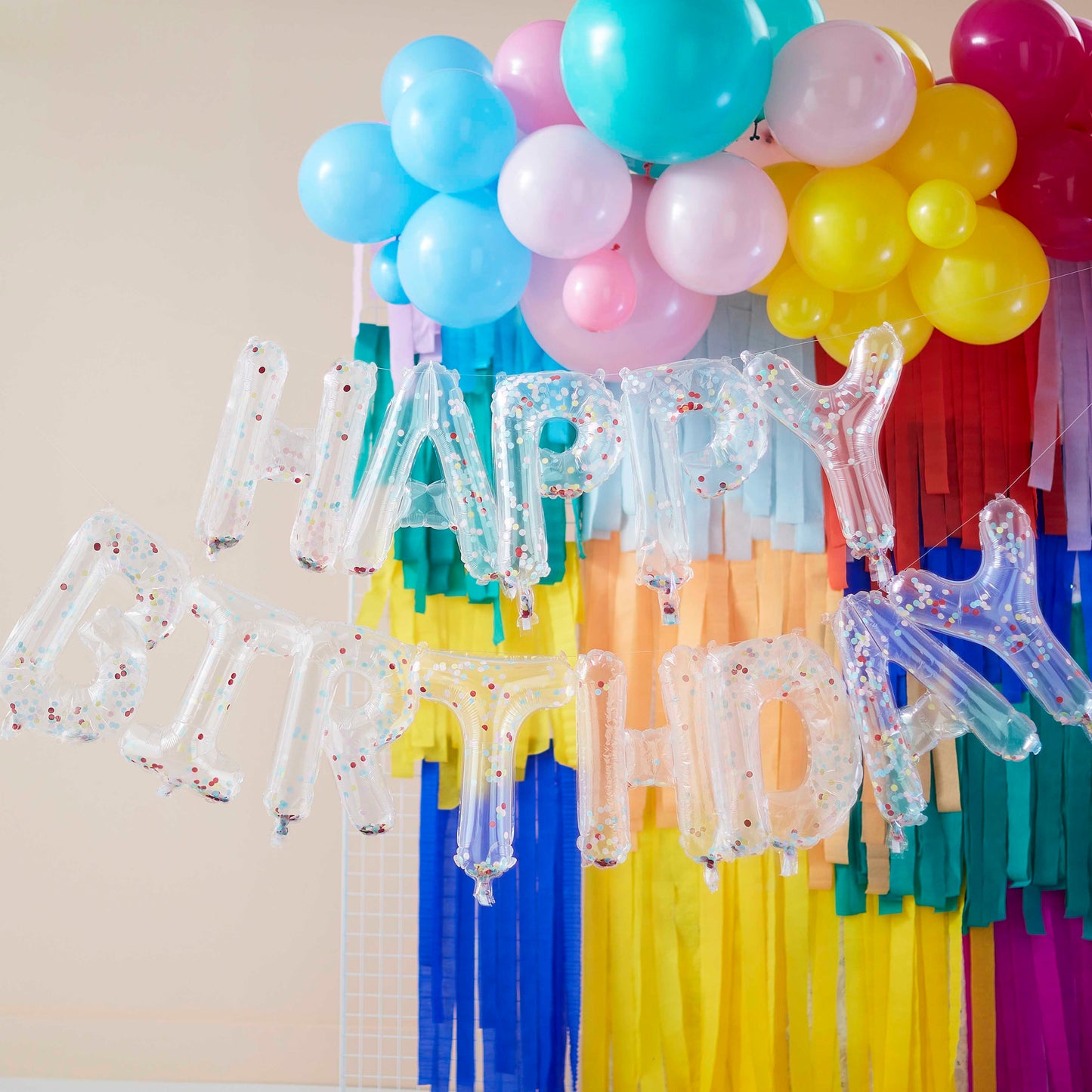 Clear Foil & Confetti Happy Birthday Balloons Banner