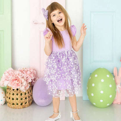 Lavender Ditsy Daisy Easter Tiered Short Sleeve Tutu Dress