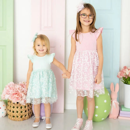 Aqua Ditsy Daisy Easter Tiered Short Sleeve Tutu Dress