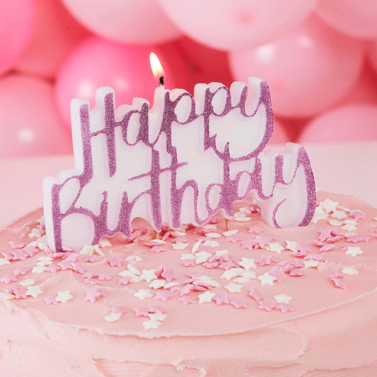 Pink Glitter Happy Birthday Candle