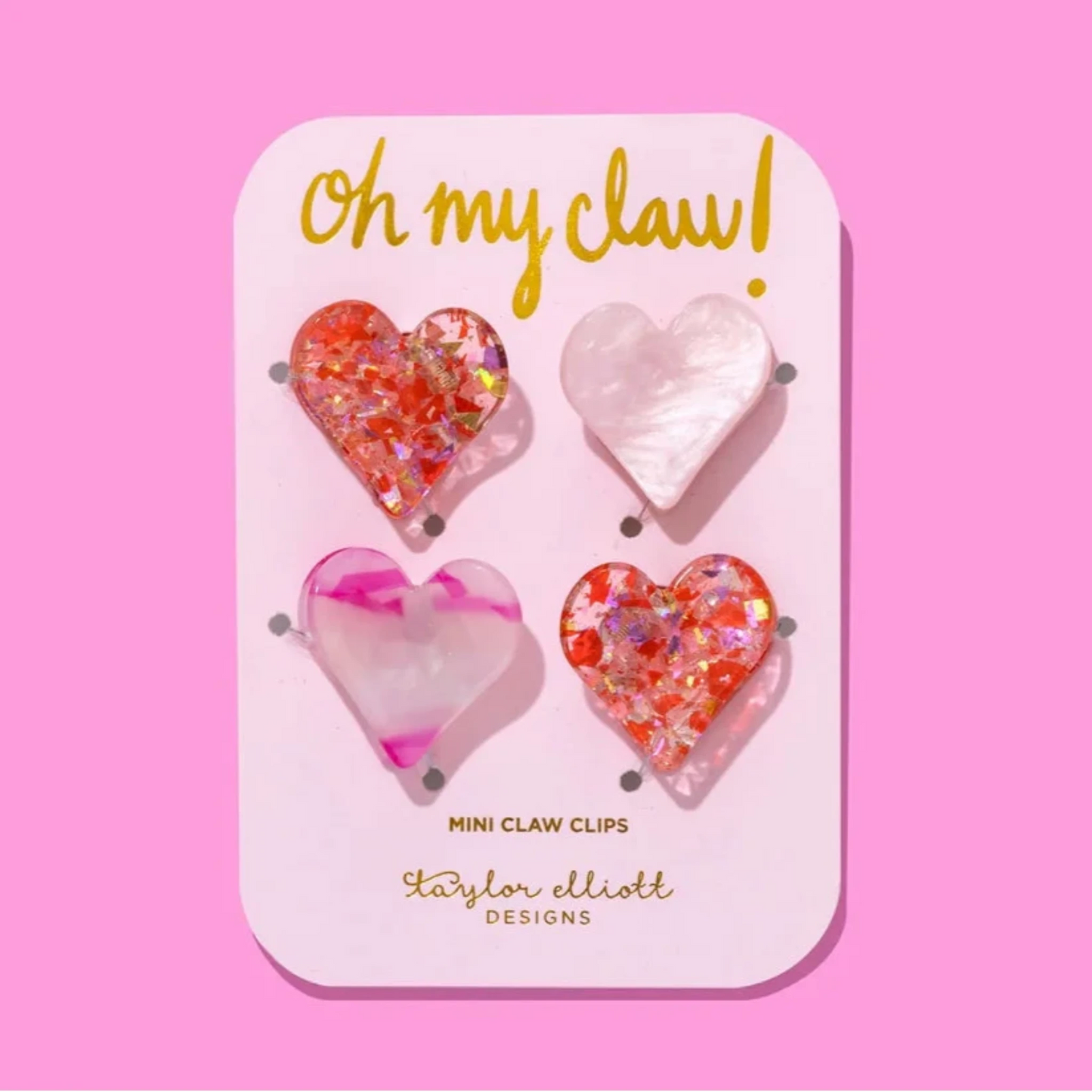 Mini Claw Clips - Pink + Red Hearts - 4