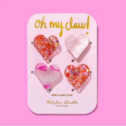 Mini Claw Clips - Pink + Red Hearts - 4