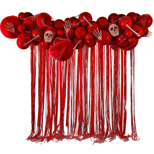 Red Halloween Balloon Arch with Streamers, Card Bones & Skulls