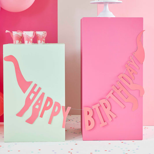 Banderín rosa con forma de dinosaurio feliz cumpleaños