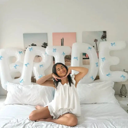 White Bride Balloons with Blue Bows