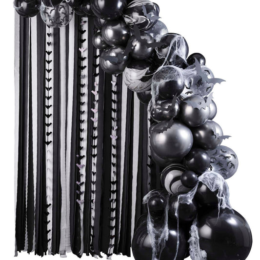 Halloween Balloon Arch Backdrop with Streamers, Cobwebs & Bats