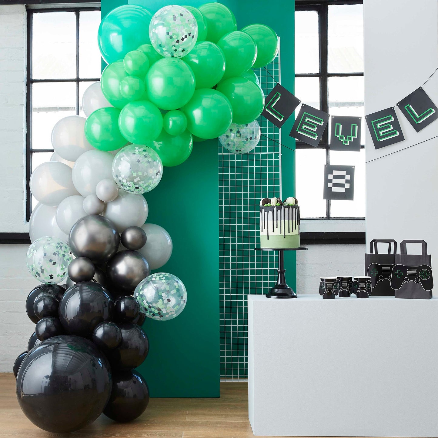 Black, Green and Grey Balloon Arch