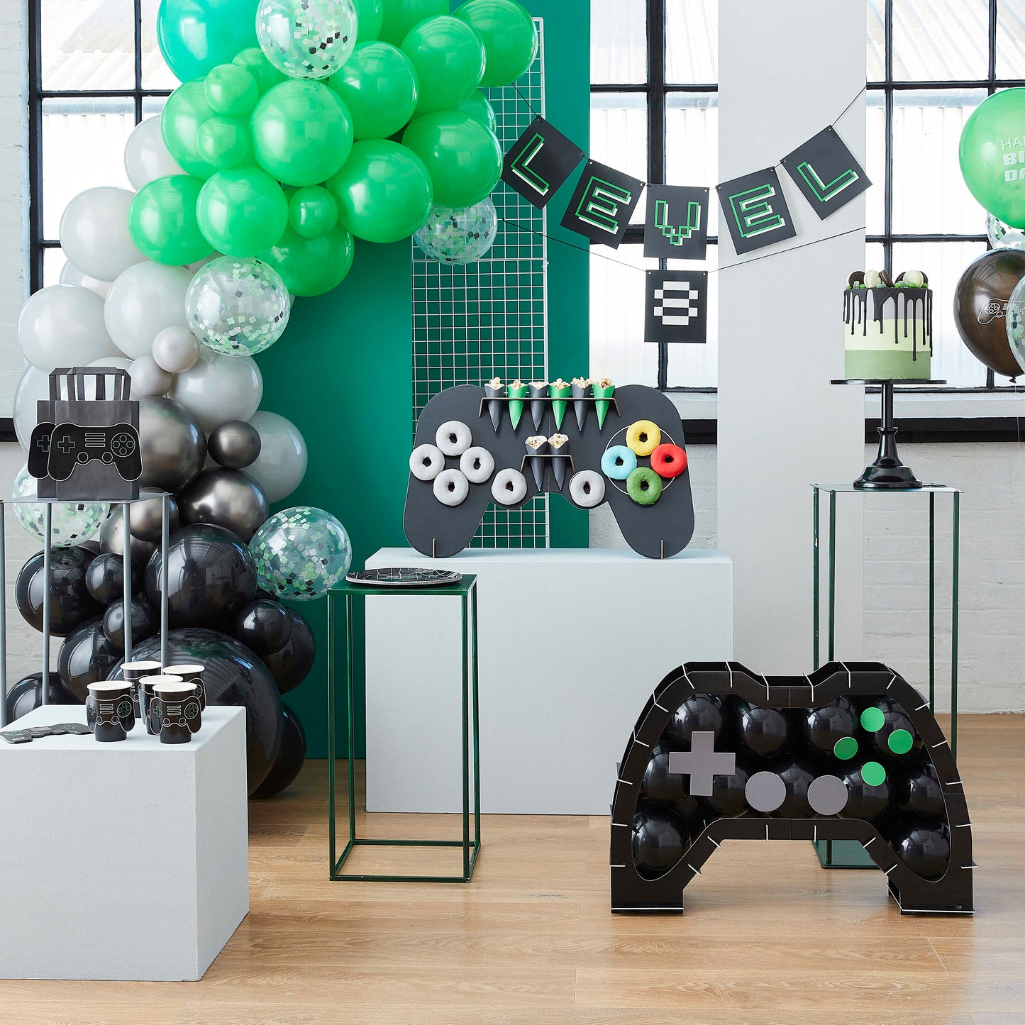 Black, Green and Grey Balloon Arch