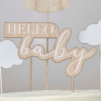 Wooden Hello Baby and Clouds Baby Shower Cake Topper