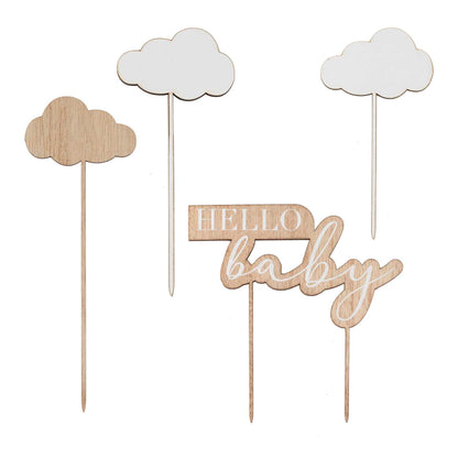 Wooden Hello Baby and Clouds Baby Shower Cake Topper