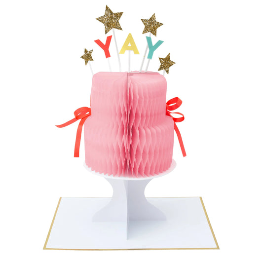 ¡Hurra! Tarjeta de cumpleaños de pie con pastel