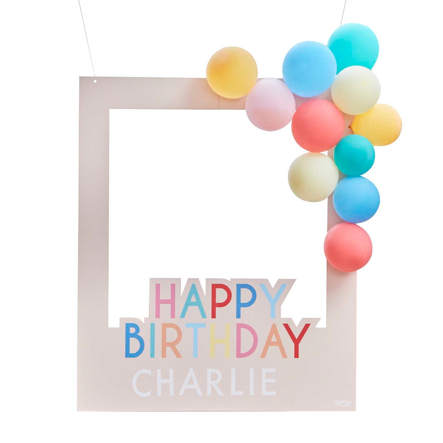Marco de fotomatón de feliz cumpleaños multicolor personalizable con globos