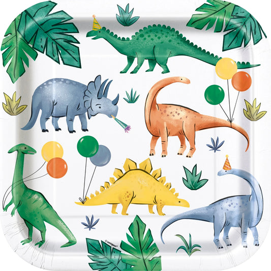 Partying Dinosaurs Square 9" Dinner Plates 8ct