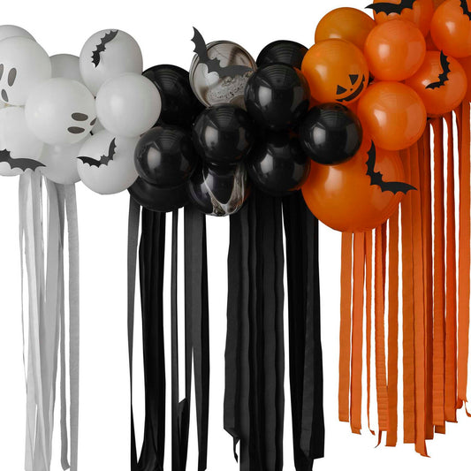 Halloween Balloon Arch Backdrop with Ghosts, Pumpkins, Bats & Streamer