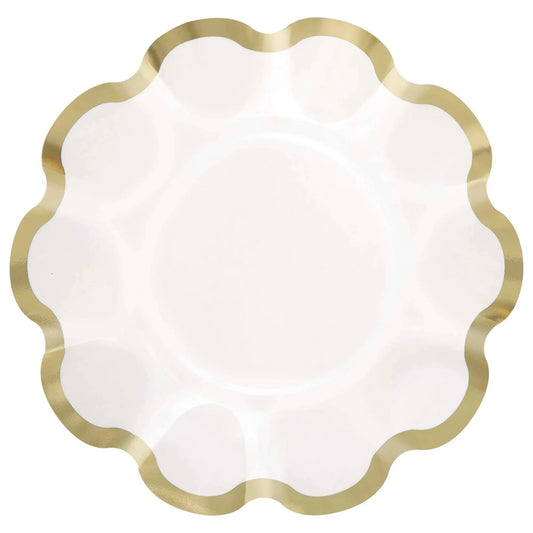Garden Party White & Gold Ruffle Edge 8.25" Plates 8ct - Foil Stamping