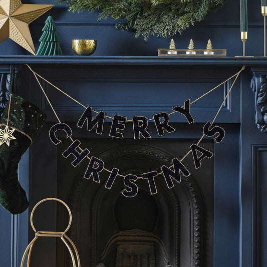 Navy Velvet Beaded Merry Christmas Bunting