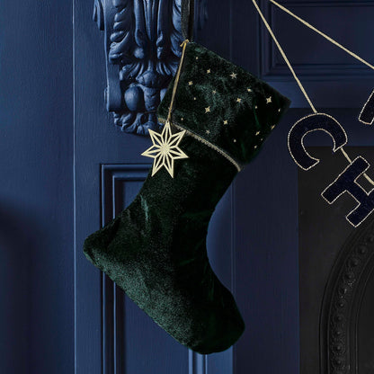 Green Velvet Embroidered Christmas Stocking with Charm