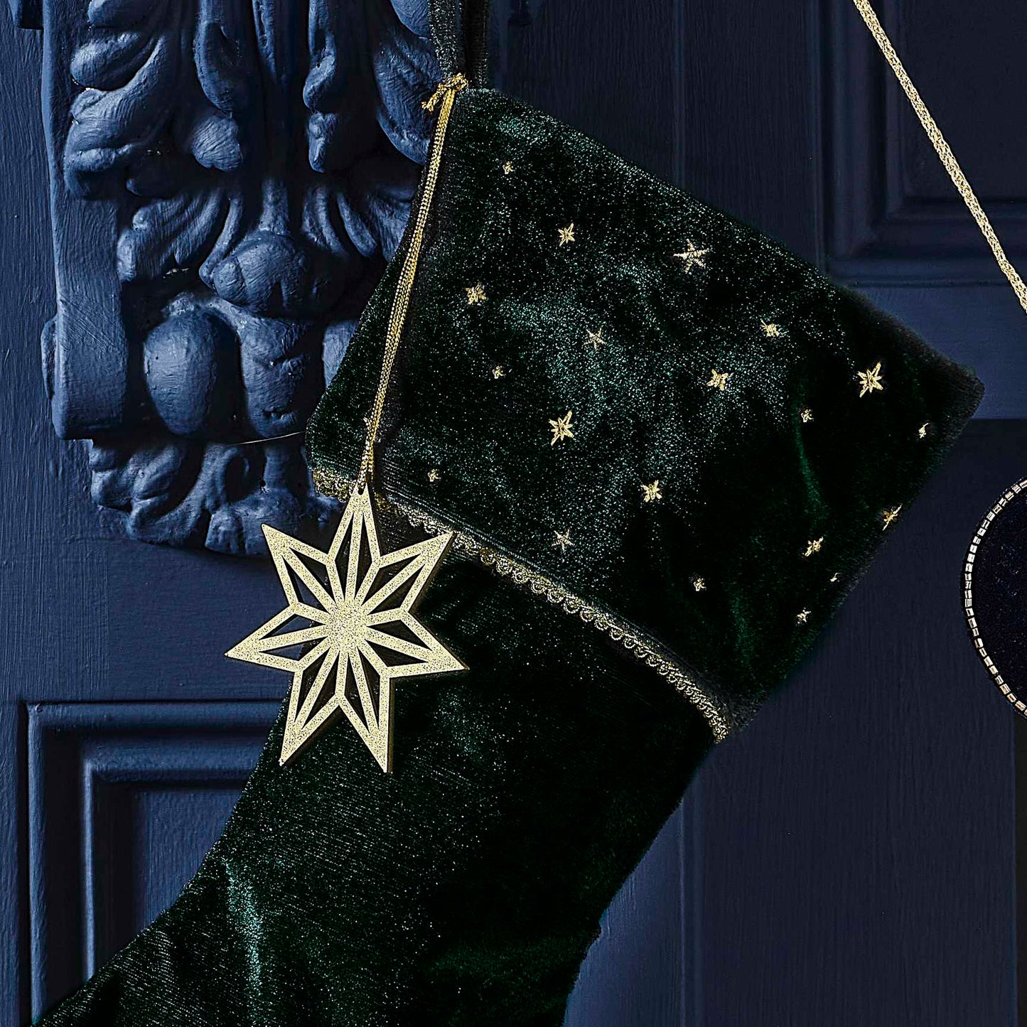 Green Velvet Embroidered Christmas Stocking with Charm